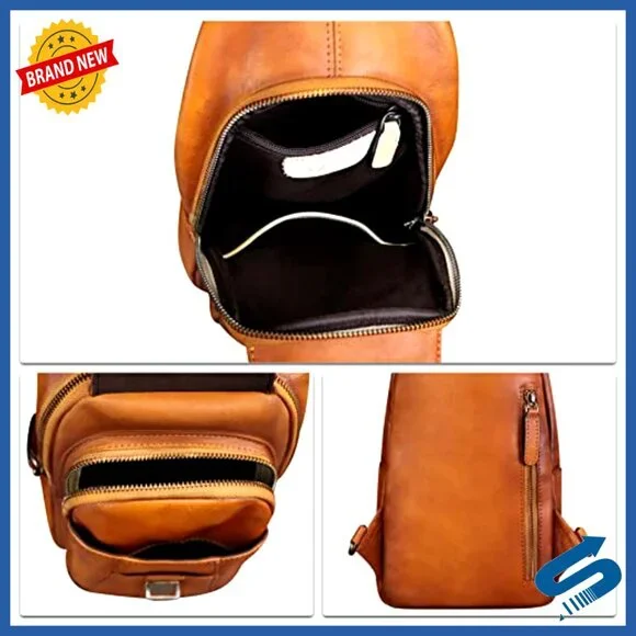 Genuine Leather Crossbody Sling Backpack Daypack with 5 Pockets
